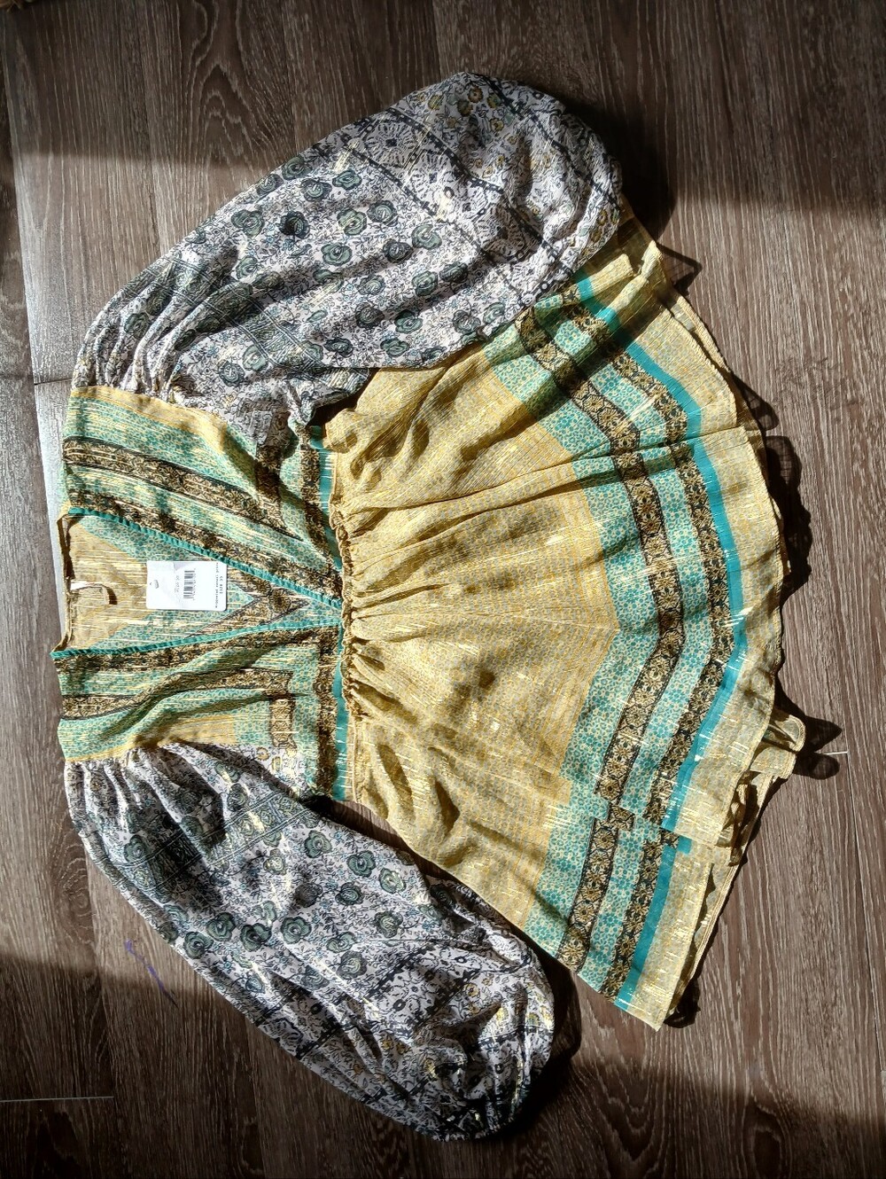 Free People Yellow Teal Gold Mixed-Print Boho Top Womens Sz XS Elastic Waist NWT